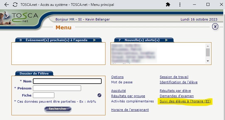 Accès à la section 'Suivi des élèves à l'horaire (EI)'